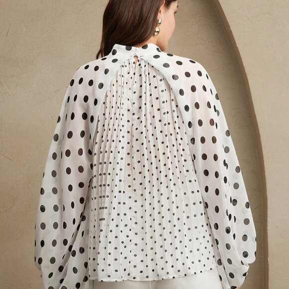 Elegant Women's Polka Dot Print Pleated detailed bow Tied stunning Blouse - Picture 3 of 7